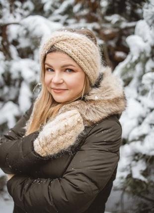 Мохеровые вязаные варежки серые белые митенки розовые пушистые рукавички