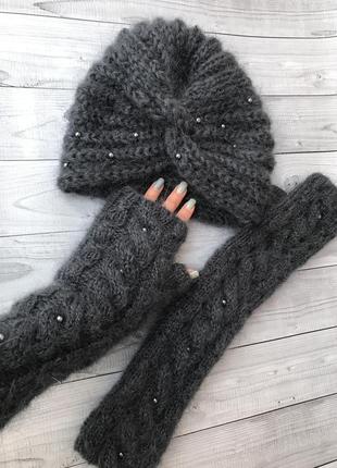 Мохеровые вязаные варежки серые белые митенки розовые пушистые рукавички