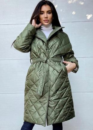 До -15!!! куртка пуховик пальто стеганое с поясом теплое зима осень черное хаки зелёный молочное серое мокко коричневое бежевое1 фото