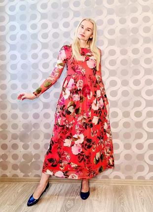 Крутое стильное яркое длинное платье цветочный принт сукня винтажный стиль ретро винтаж цветы