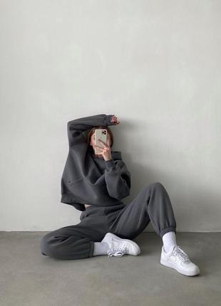 New. оверсайз костюм на флисе, женский тёплый костюм на зиму, графитовый костюм с худи та штанами