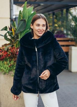 Полушубок женский зимний из искусственного меха с капюшоном - 431 черный цвет