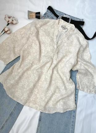 Стильна брендова блузка натуральна льон бежева великий розмір квітковий принт1 фото