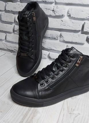 Зимние мужские ботинки кожаные черные5 фото