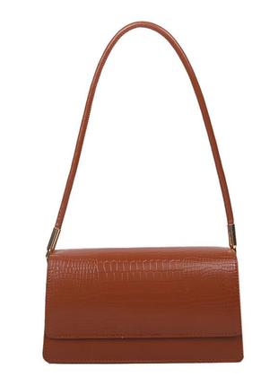 Женская классическая сумочка рептилия через плечо клатч на короткой ручке багет коричневая рыжая