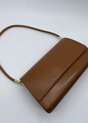 Женская классическая сумочка рептилия через плечо клатч на короткой ручке багет коричневая рыжая6 фото