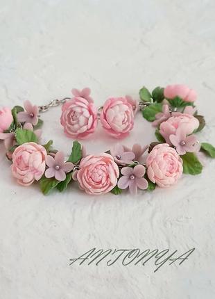 Браслет с цветами пионы розовые, браслет с миниатюрными пионами5 фото
