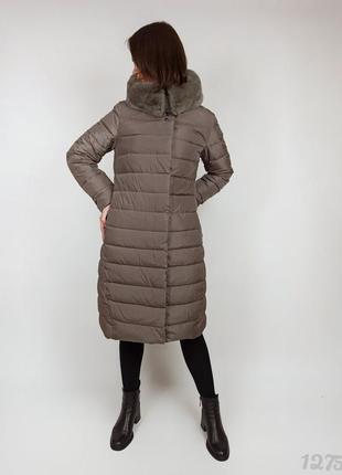Зимнее пальто кофейное женское стеганое, зимове пальто з хутром жіноче кавове