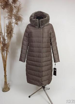 Зимнее стеганое кофейное пальто женское с мехом, жіноче пальто кавове зима