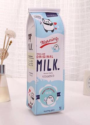 Пенал школьный детский для мальчиков и девочек (голубой) «milk» в форме коробки для молока