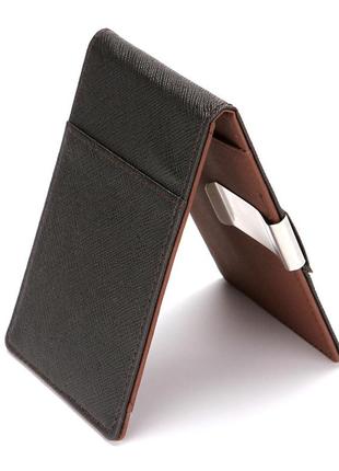 Зажим для денег, карт «leather clip» кошелек компактный стильный  (черно-коричневый)