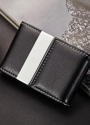 Универсальная металлическая визитница-футляр с кожаными вставками «butterfly black» (черный)