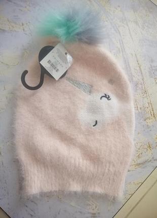 Модная нежно розовая теплая шапочка с единорогом 🦄 для принцессы  и бумбоном2 фото