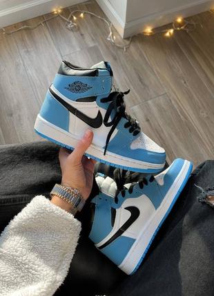 Кроссовки кожаные женские jordan  1 retro blue❤️ хайтопы, кеды высокие, наложенный платеж