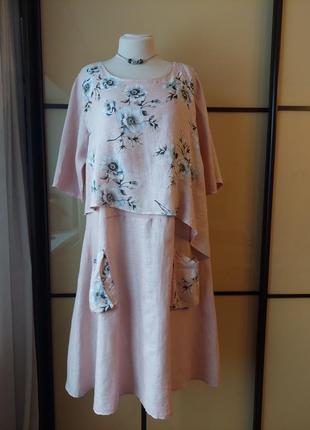 Платье пудровое розовое длиное миди бохо етно лен 100% с карманами и акварельный цветочный принт