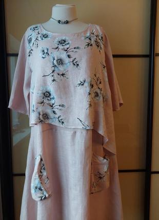 Платье нежно пудровое розовое длиное миди бохо етно лен 100% с карманами и акварельный цветочный принт3 фото