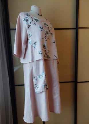 Платье нежно пудровое розовое длиное миди бохо етно лен 100% с карманами и акварельный цветочный принт4 фото