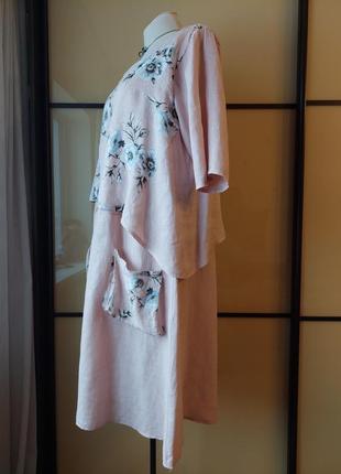 Платье нежно пудровое розовое длиное миди бохо етно лен 100% с карманами и акварельный цветочный принт5 фото