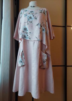 Платье нежно пудровое розовое длиное миди бохо етно лен 100% с карманами и акварельный цветочный принт7 фото