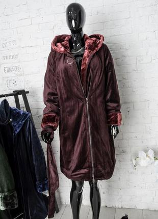 Пальто на хутрі з капюшоном, дублянка жіноча штучна великих розмірів rm4 фото