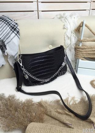 Жіноча сумочка чорна багет, чорна під рептилію сумка з ланцюжком