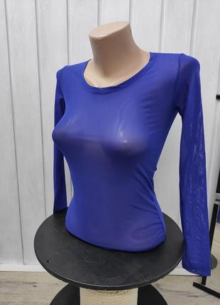 Синій лонгслів прозорий жіночий сіточка футболка з довгим рукавом синя напівпрозора кофточка
