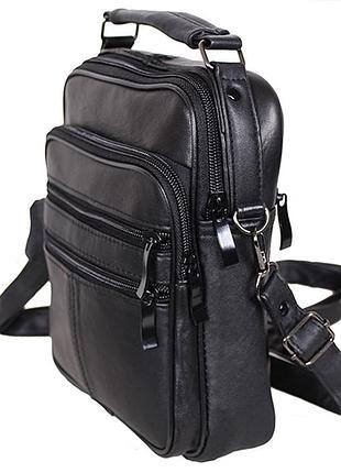 Чоловіча шкіряна сумка 8723es black з ручкою містка барсетка через плече чорна