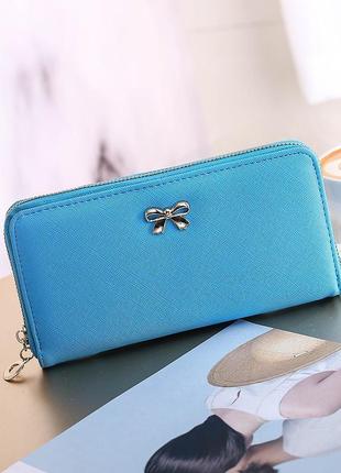 Клатч, гаманець жіночий «for lady» прямокутний з бантиком на блискавці (небесно-блакитний)