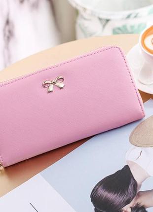Клатч, гаманець жіночий «for lady» прямокутний з бантиком на блискавці (рожевий)