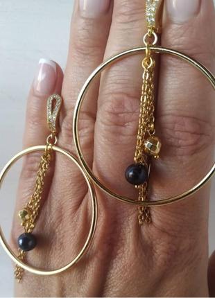 Серьги-кольца с натуральным синим жемчугом и гематитом9 фото