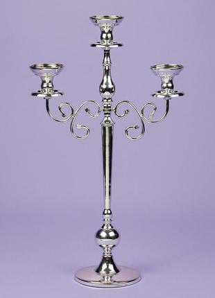 Высокий серебристый напольный подсвечник, канделябр на 3 свечи "классика" (68 см, металл).