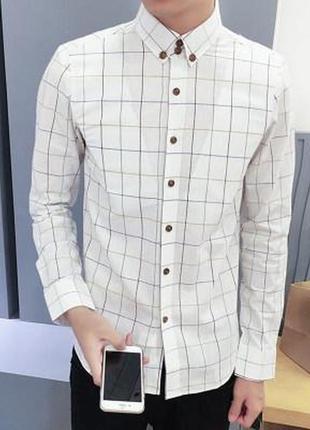 Классическая стильная мужская рубашка slim-fit «business style» белая в клетку2 фото