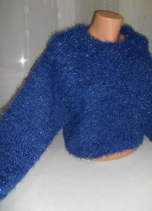 Короткий пушистый джемпер свитер травка с люрексом5 фото