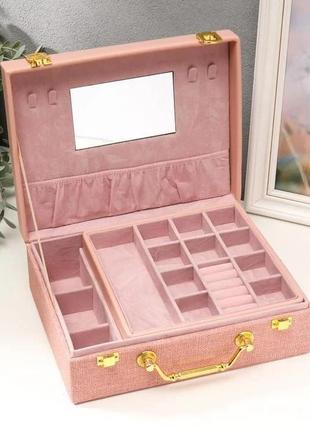 Шкатулка чемодан "розовый" для украшений с зеркалом  8*18*24см.