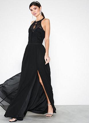 Вечернее коктельное нарядное длинное платье макси в пол шифон разрез кружево гипюр черное  nly trend eve nelly