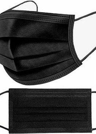 Маска медична чорна для обличчя 30 шт одноразова тришарова захисна штампована з затиском для носа
