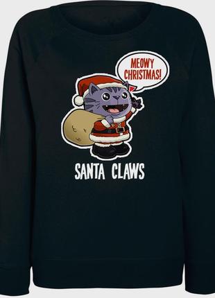 Женский новогодний свитшот meowy christmas! santa claws (чёрный)