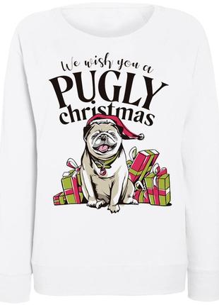 Женский новогодний свитшот "we wish you a pugly christmas" (белый)