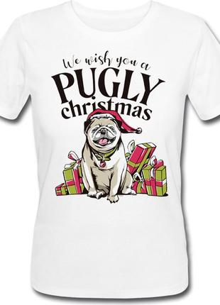 Женская новогодняя футболка "we wish you a pugly christmas" (белая)1 фото