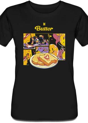 Женская футболка bts - bangtan boys - beyond the scene - butter (чёрная)1 фото