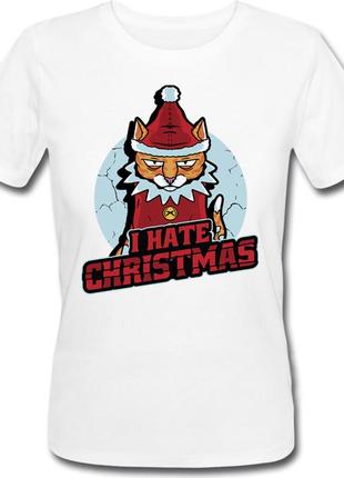 Женская новогодняя футболка i hate christmas - angry cat (белая)1 фото