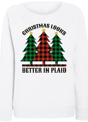 Женский новогодний свитшот christmas looks better in plaid (белый)1 фото