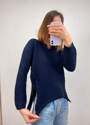 Синий вязаный свитер джемпер с молниями по бокам4 фото