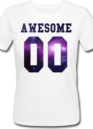 Женская именная футболка awesome - space (принт спереди) [цифры можно менять] (50-100% предоплата)
