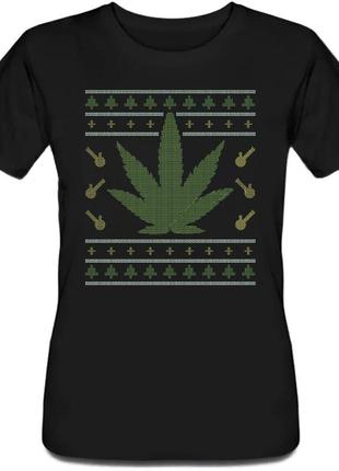 Женская новогодняя футболка "weed ugly christmas" (чёрная)1 фото