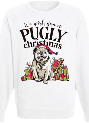 Свитшот новогодний "we wish you a pugly christmas" (белый)