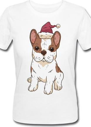 Женская новогодняя футболка "bulldog santa hat" (белая)1 фото