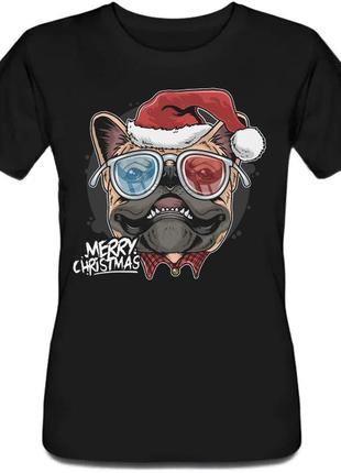 Женская новогодняя футболка "pug puppy dog santa" (чёрная)