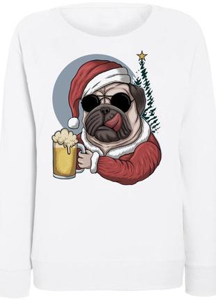 Женский новогодний свитшот "pug dog beer wearing" (белый)