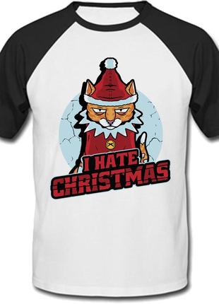 Футболка новогодняя i hate christmas - angry cat (белая с чёрными рукавами)